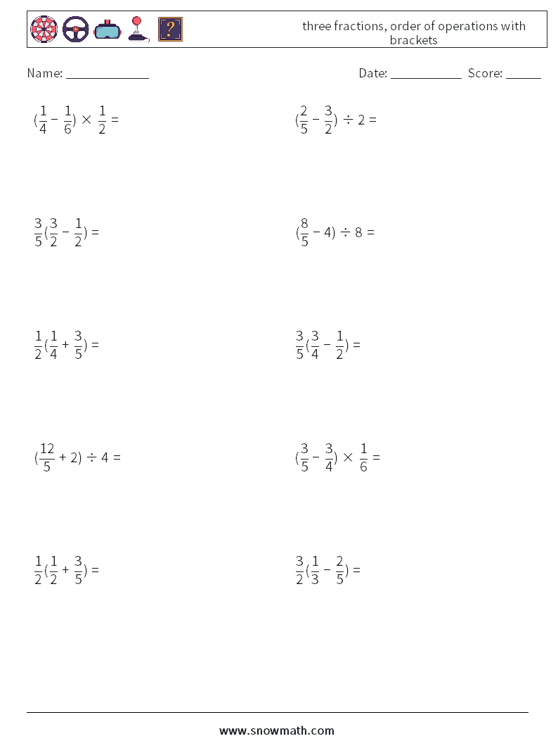 three fractions, order of operations with brackets Math Worksheets 16