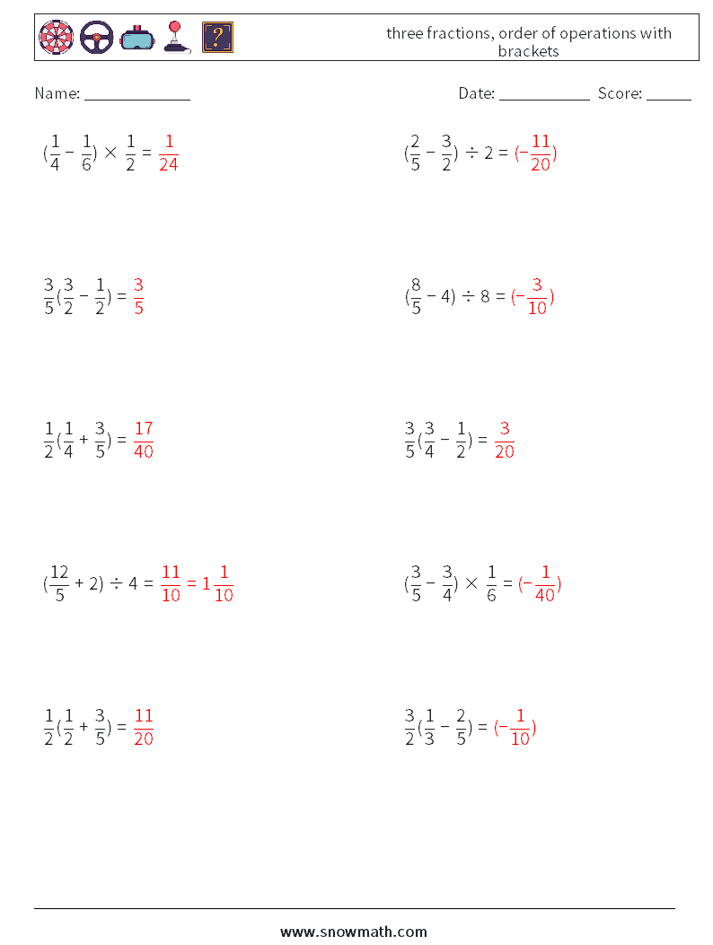 three fractions, order of operations with brackets Math Worksheets 16 Question, Answer