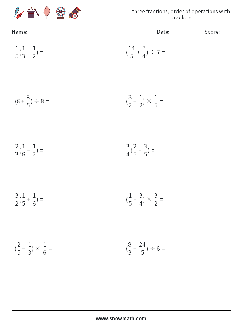 three fractions, order of operations with brackets Math Worksheets 17