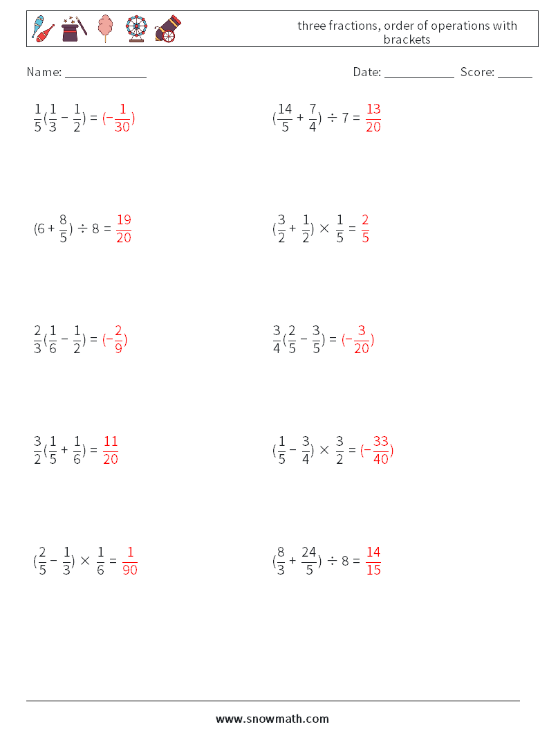 three fractions, order of operations with brackets Math Worksheets 17 Question, Answer
