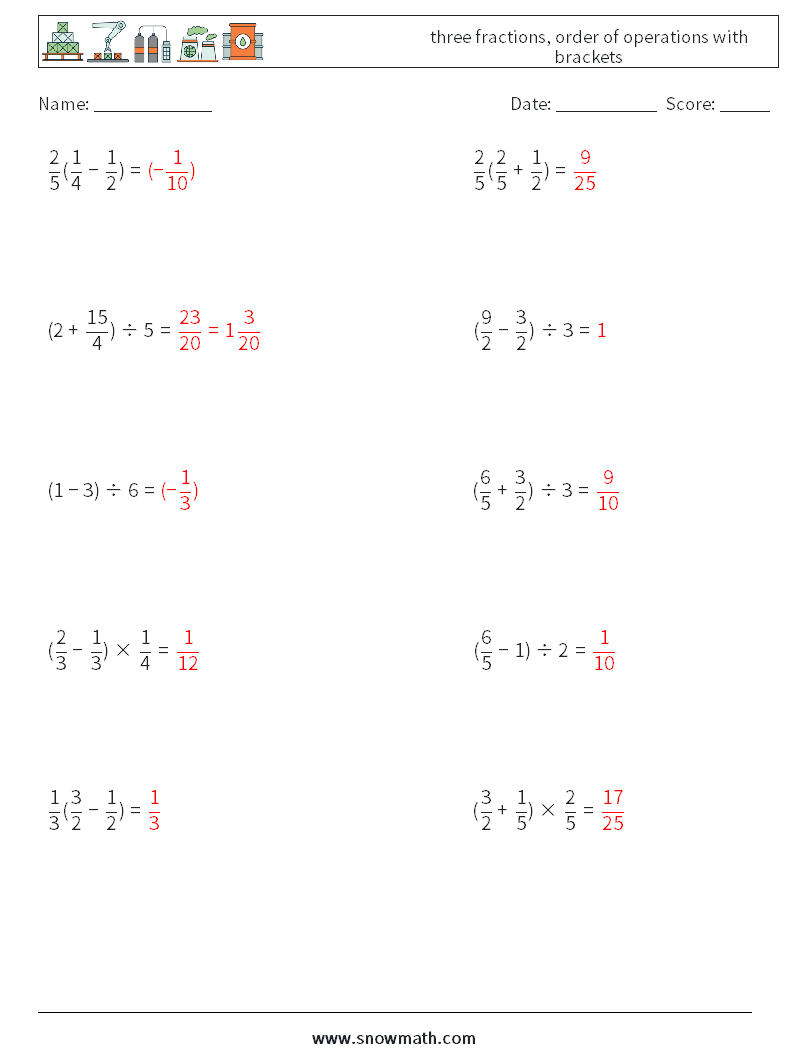 three fractions, order of operations with brackets Math Worksheets 18 Question, Answer