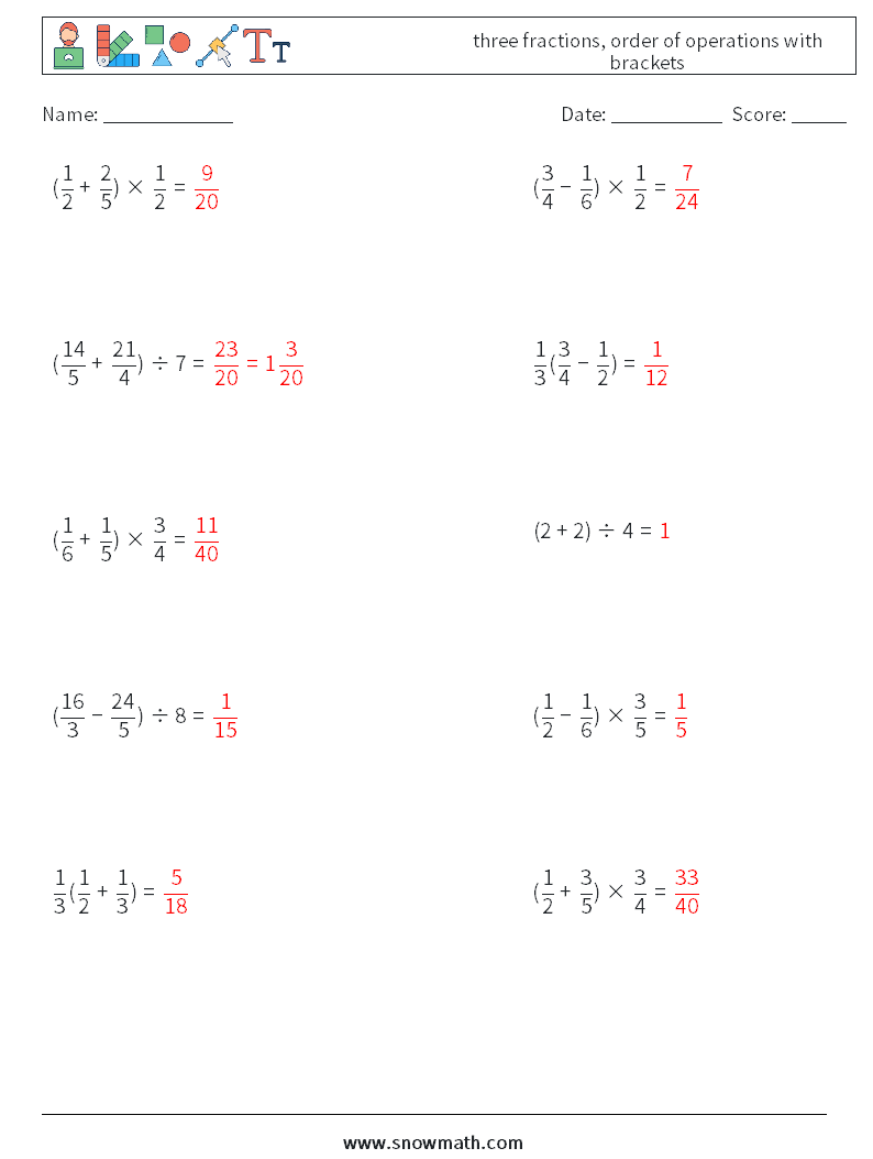 three fractions, order of operations with brackets Math Worksheets 1 Question, Answer