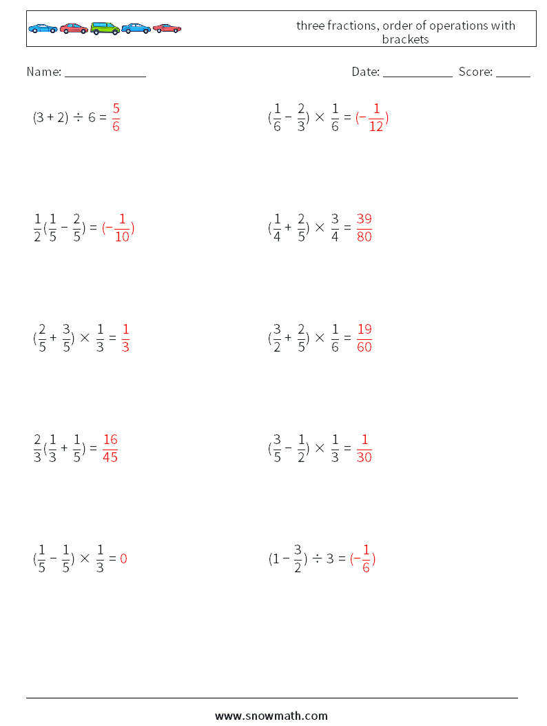 three fractions, order of operations with brackets Math Worksheets 2 Question, Answer