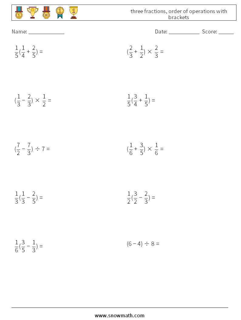 three fractions, order of operations with brackets Math Worksheets 3