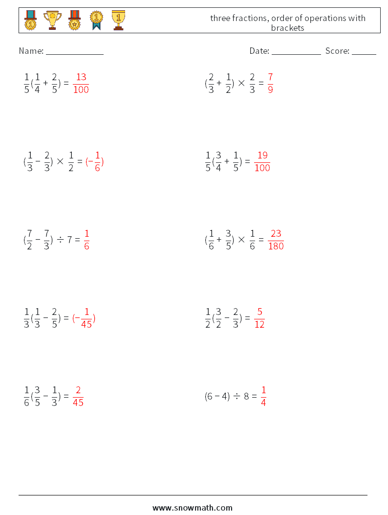 three fractions, order of operations with brackets Math Worksheets 3 Question, Answer