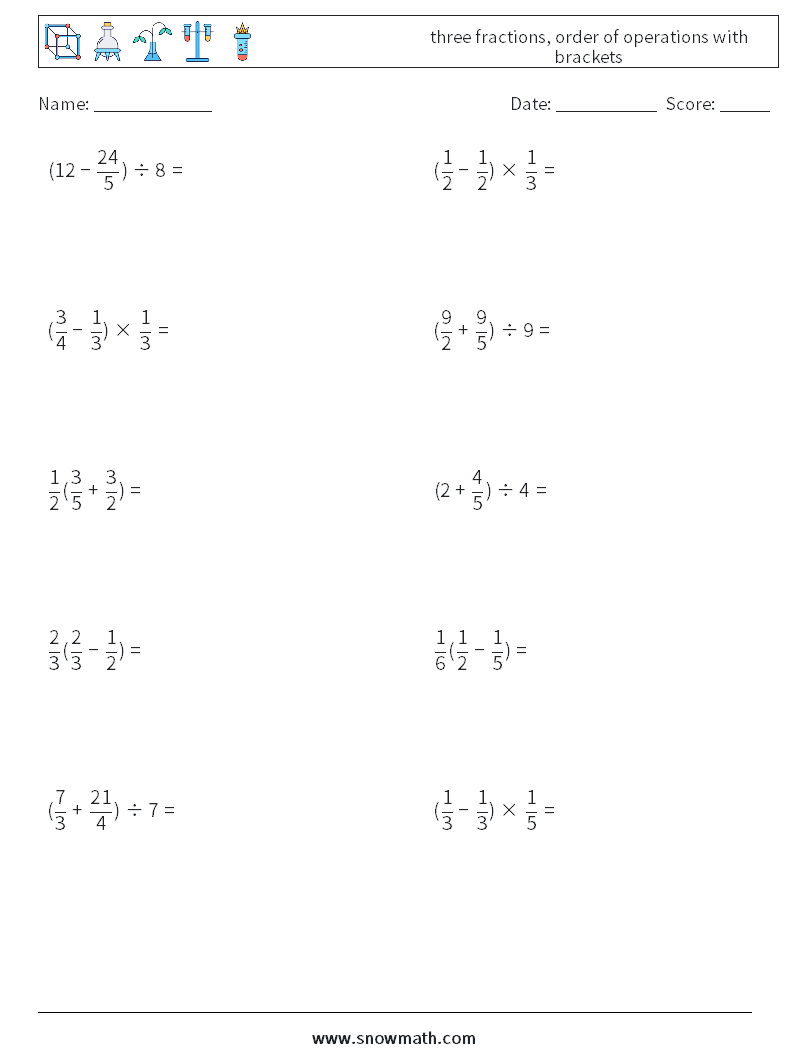 three fractions, order of operations with brackets Math Worksheets 4