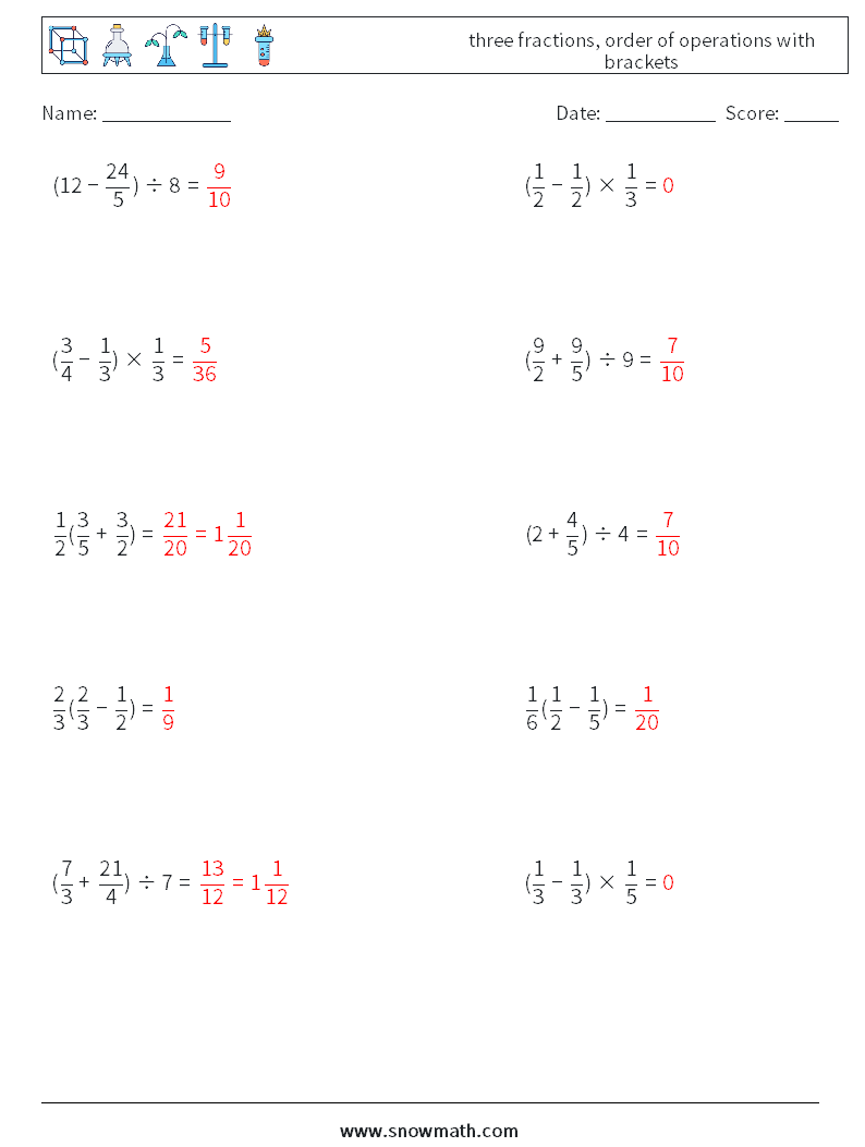 three fractions, order of operations with brackets Math Worksheets 4 Question, Answer