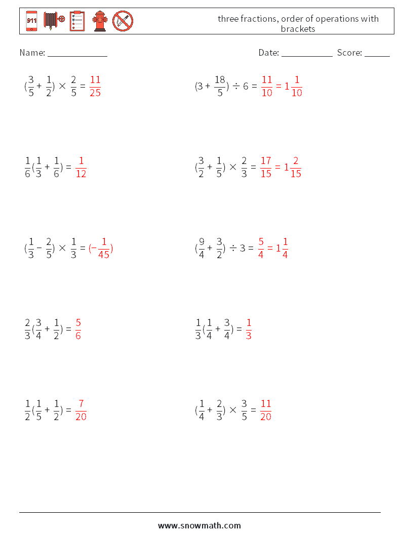 three fractions, order of operations with brackets Math Worksheets 5 Question, Answer