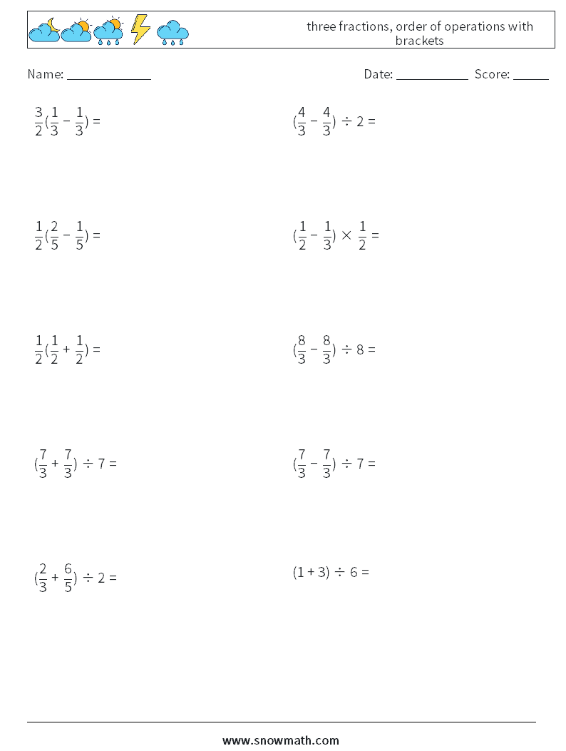 three fractions, order of operations with brackets Math Worksheets 6