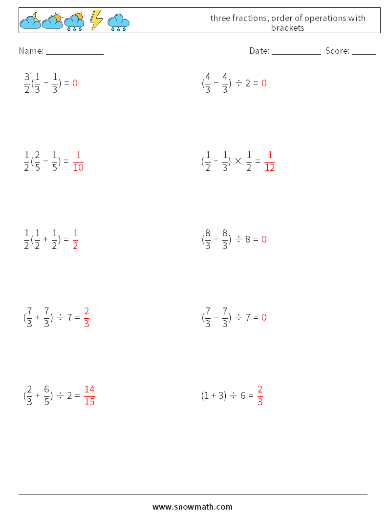 three fractions, order of operations with brackets Math Worksheets 6 Question, Answer