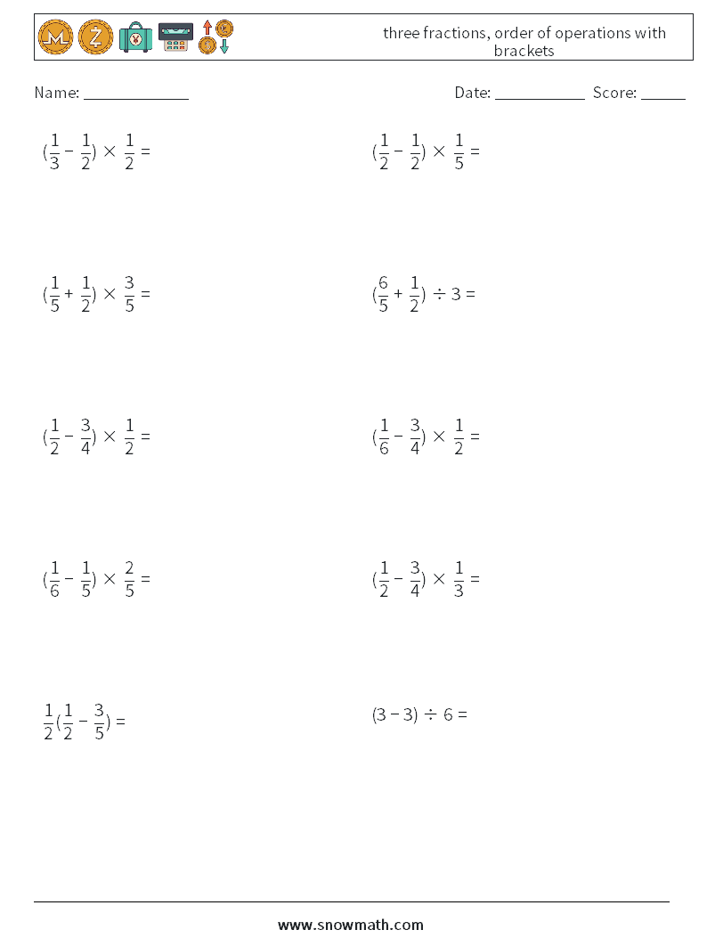 three fractions, order of operations with brackets Math Worksheets 7