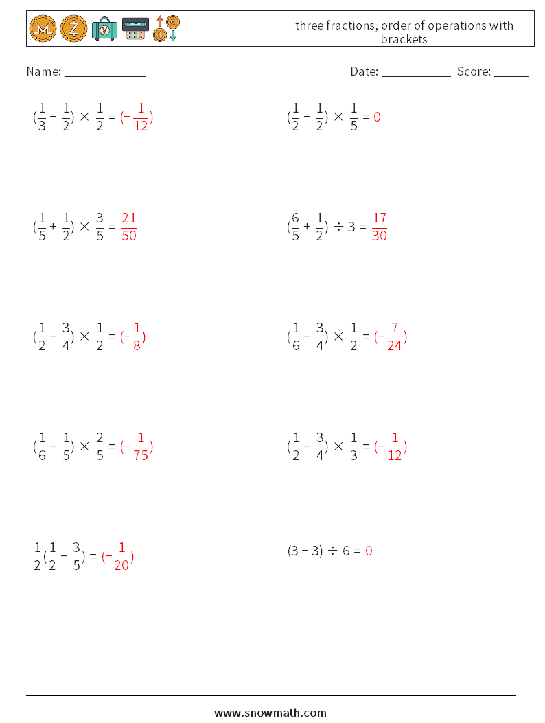 three fractions, order of operations with brackets Math Worksheets 7 Question, Answer