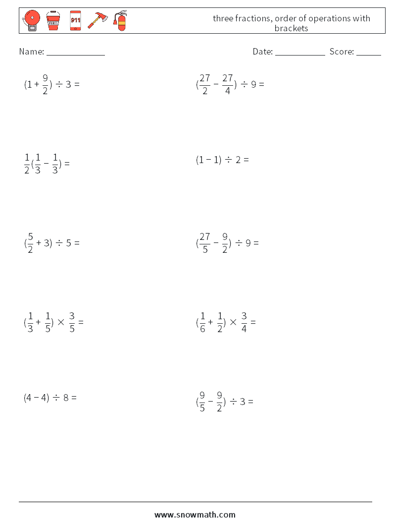 three fractions, order of operations with brackets Math Worksheets 8