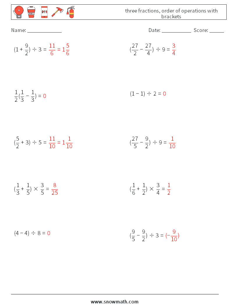 three fractions, order of operations with brackets Math Worksheets 8 Question, Answer