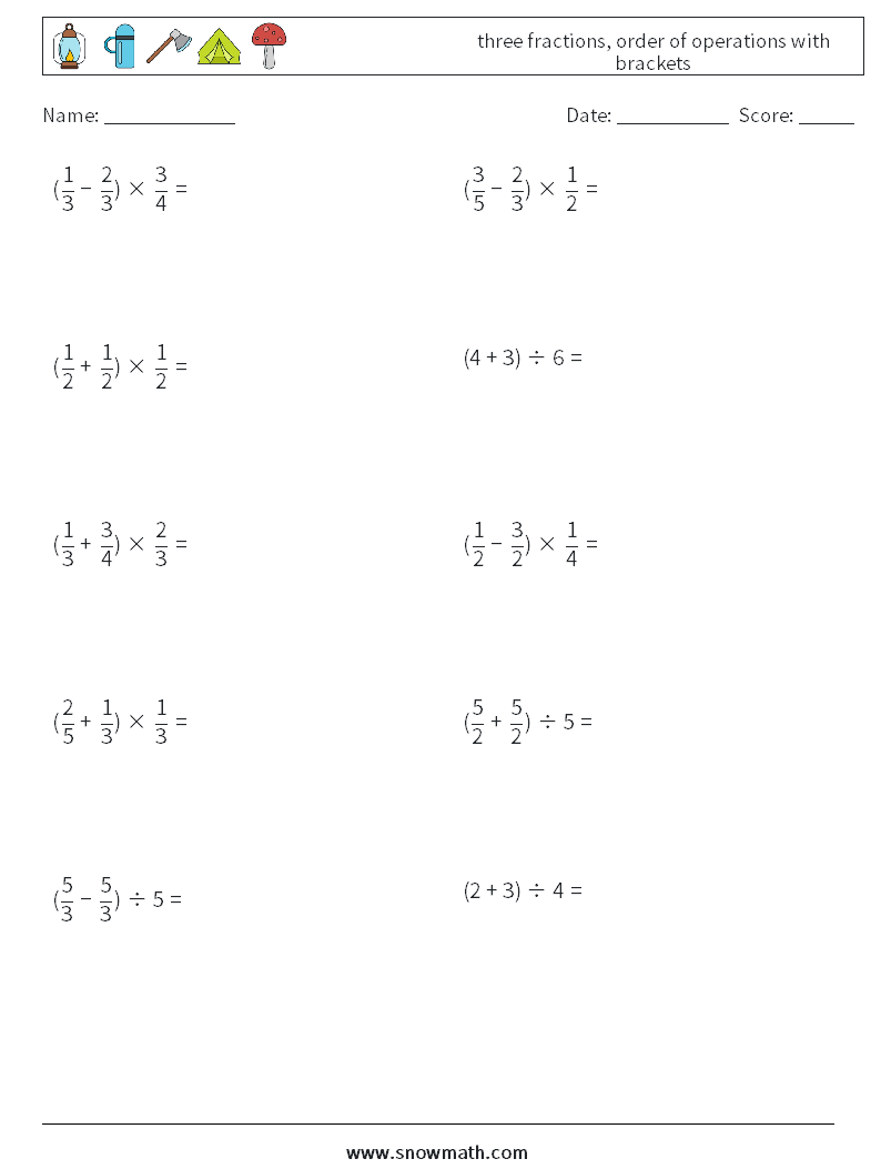 three fractions, order of operations with brackets Math Worksheets 9