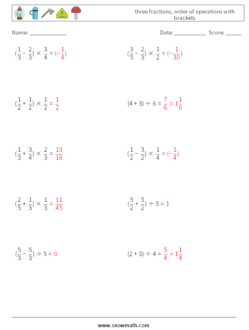 three fractions, order of operations with brackets Math Worksheets 9 Question, Answer
