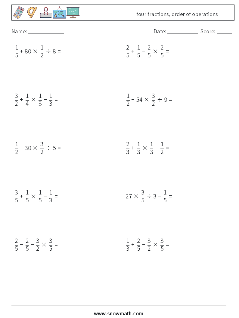 four fractions, order of operations Math Worksheets 1