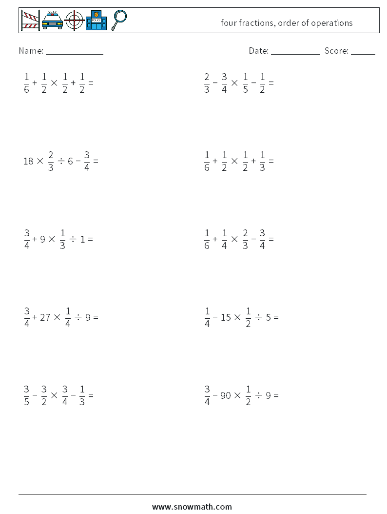 four fractions, order of operations Math Worksheets 10