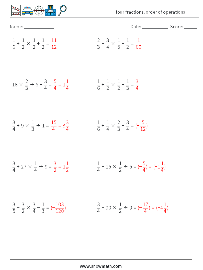 four fractions, order of operations Math Worksheets 10 Question, Answer