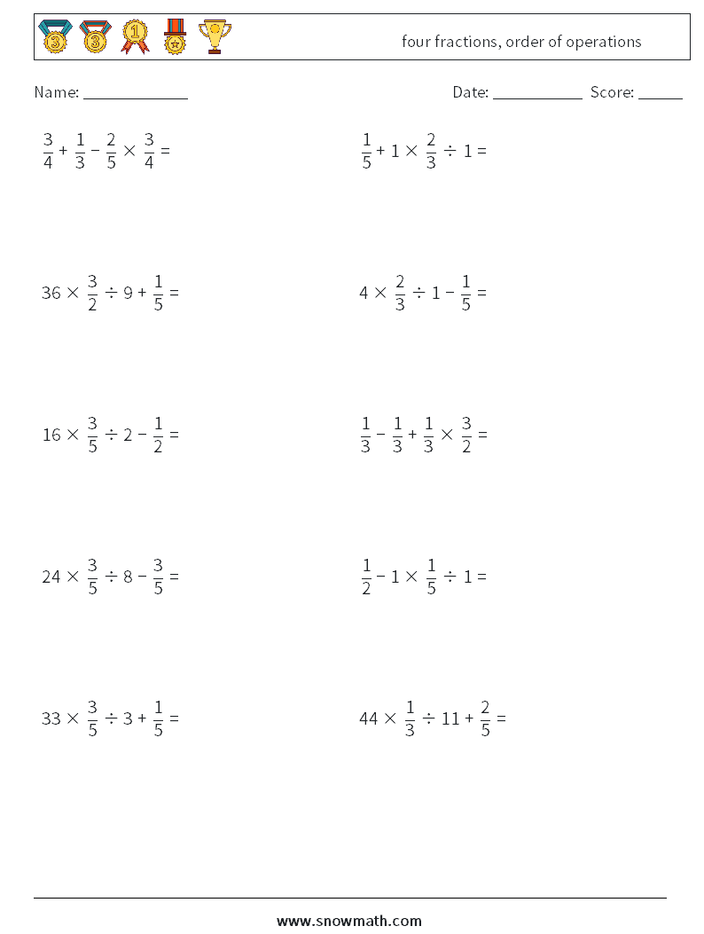 four fractions, order of operations Math Worksheets 11