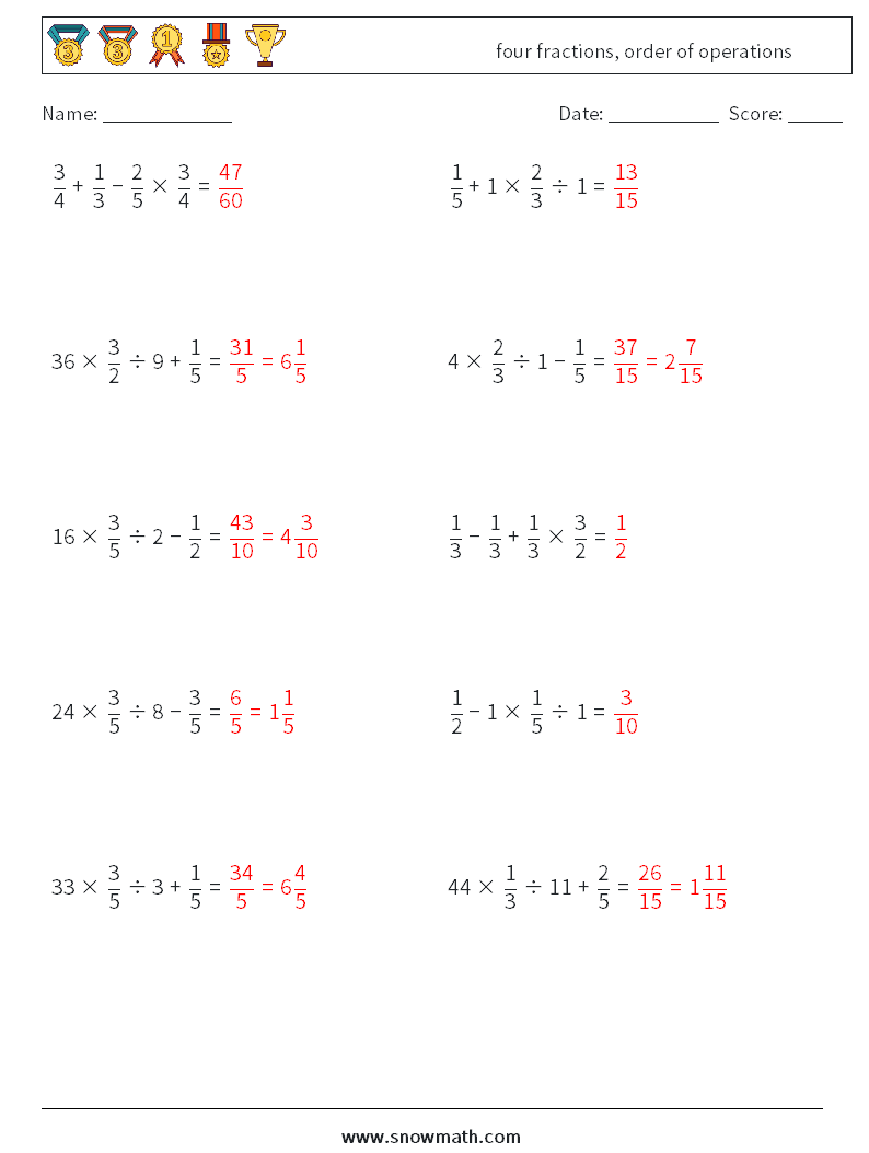 four fractions, order of operations Math Worksheets 11 Question, Answer