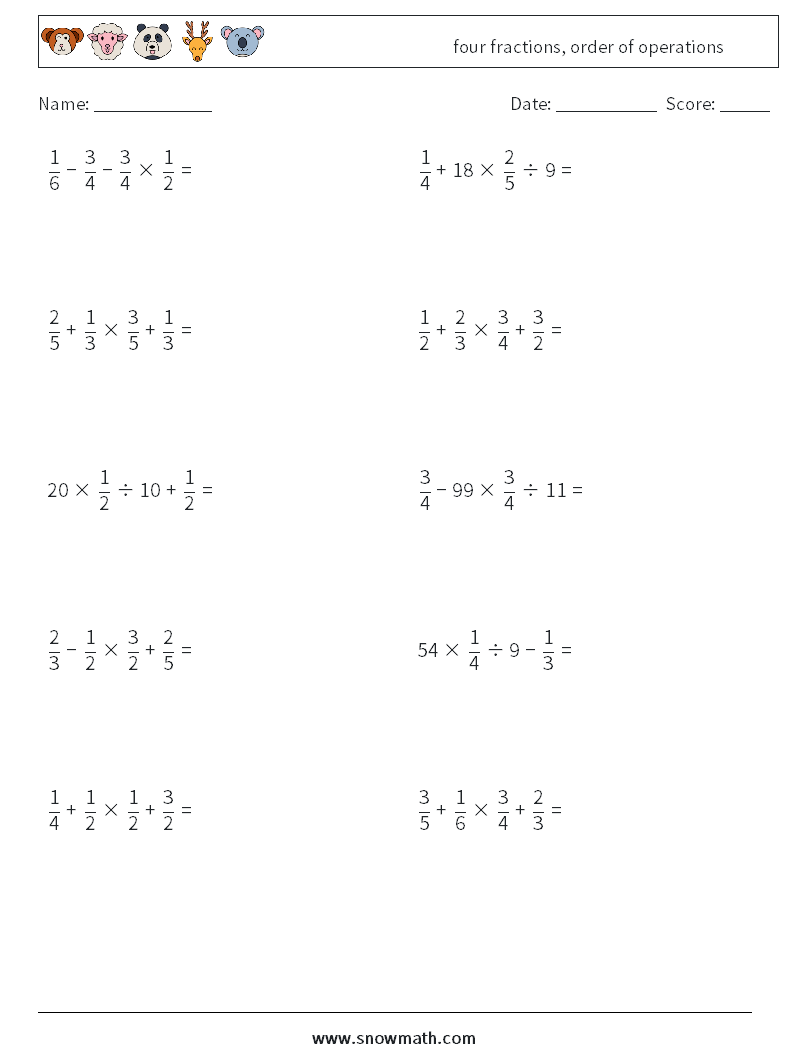 four fractions, order of operations Math Worksheets 12