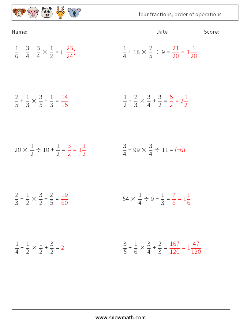 four fractions, order of operations Math Worksheets 12 Question, Answer