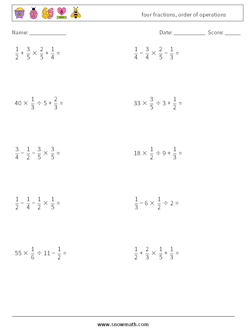 four fractions, order of operations Math Worksheets 13