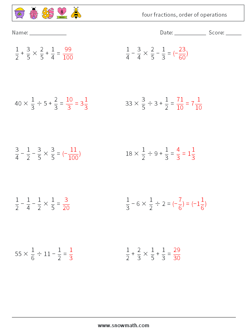 four fractions, order of operations Math Worksheets 13 Question, Answer