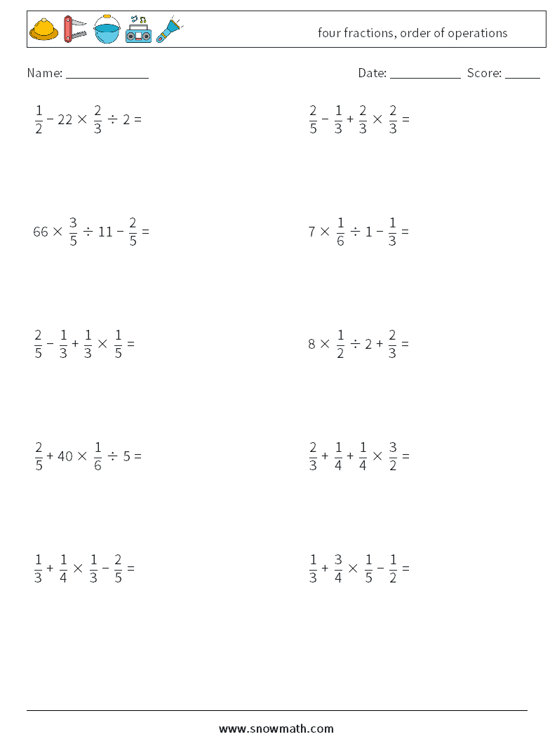 four fractions, order of operations Math Worksheets 14