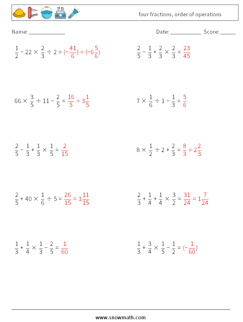 four fractions, order of operations Math Worksheets 14 Question, Answer