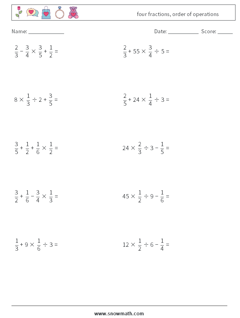 four fractions, order of operations Math Worksheets 15