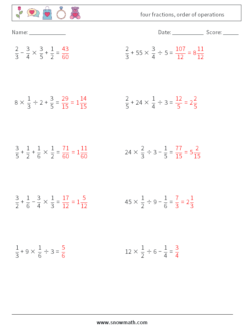 four fractions, order of operations Math Worksheets 15 Question, Answer