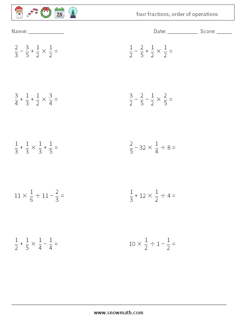 four fractions, order of operations Math Worksheets 16