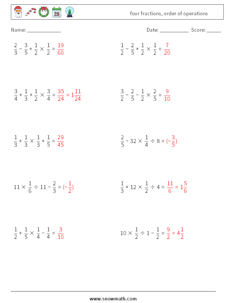 four fractions, order of operations Math Worksheets 16 Question, Answer