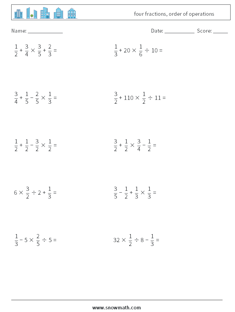 four fractions, order of operations Math Worksheets 17