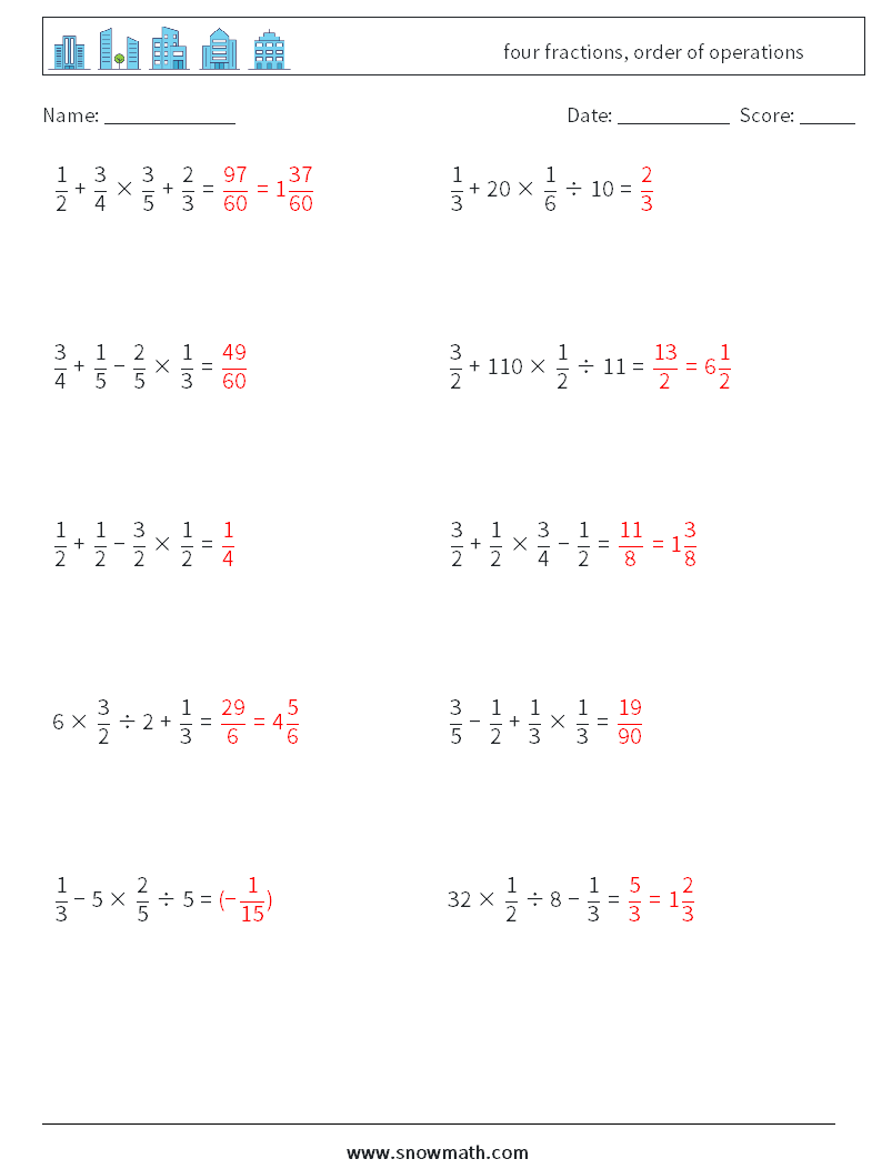 four fractions, order of operations Math Worksheets 17 Question, Answer