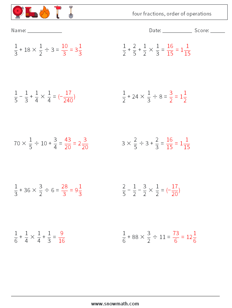four fractions, order of operations Math Worksheets 18 Question, Answer