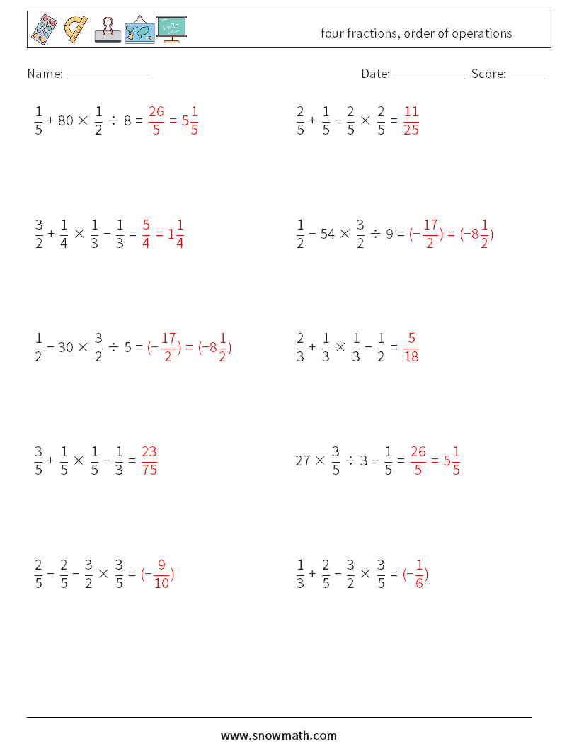 four fractions, order of operations Math Worksheets 1 Question, Answer