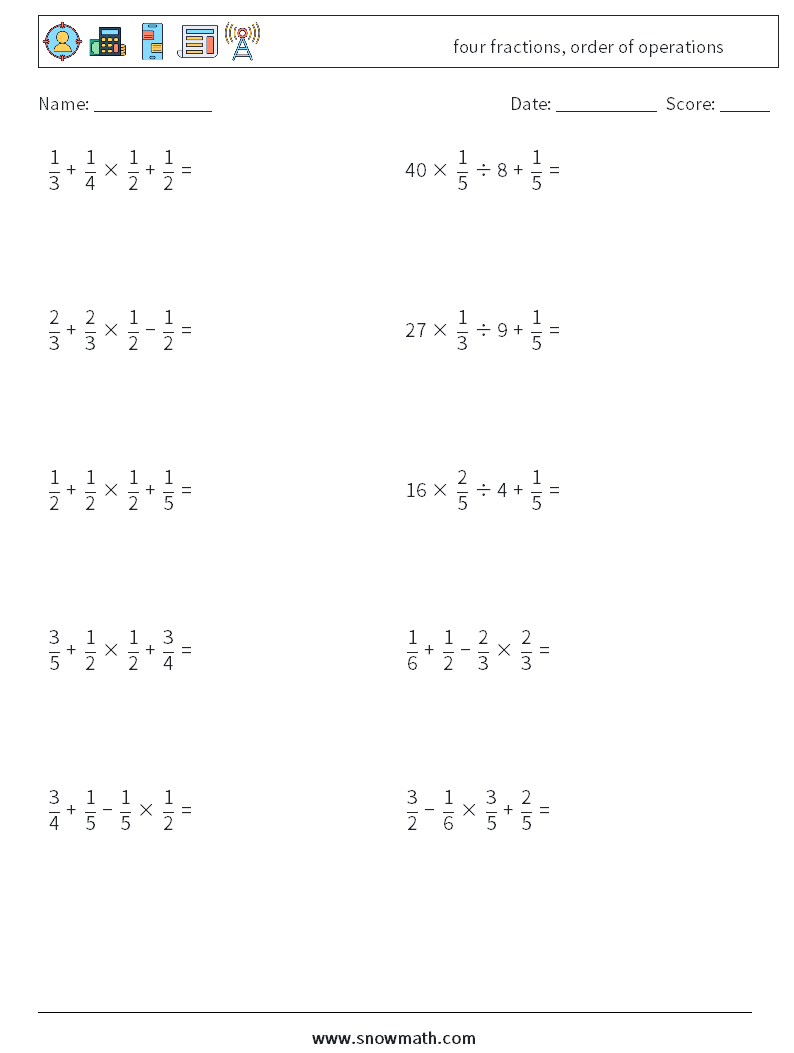 four fractions, order of operations Math Worksheets 2