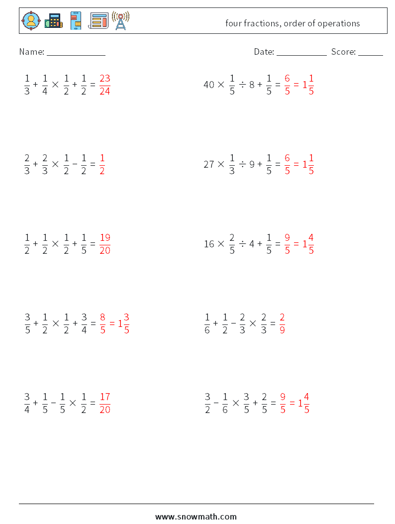 four fractions, order of operations Math Worksheets 2 Question, Answer