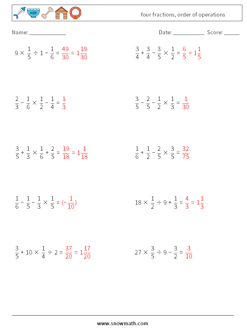 four fractions, order of operations Math Worksheets 3 Question, Answer