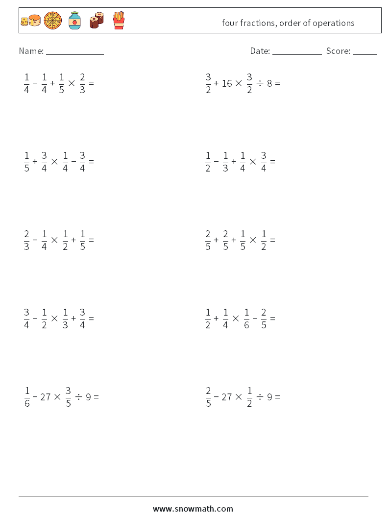four fractions, order of operations Math Worksheets 4