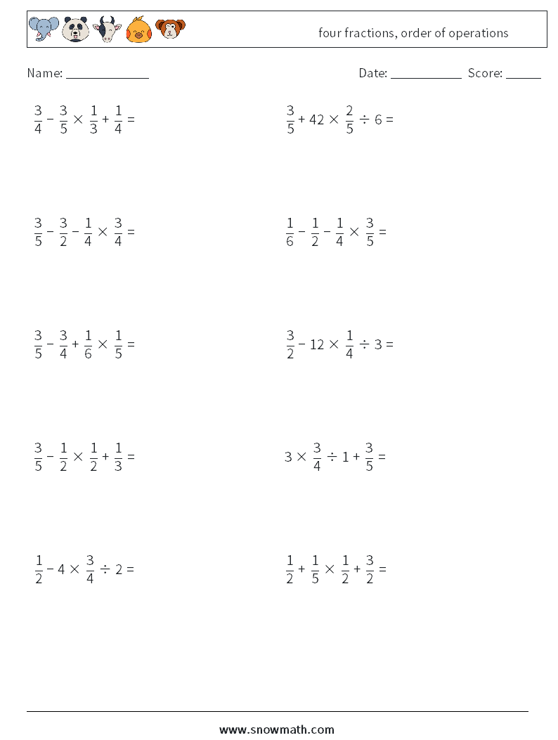 four fractions, order of operations Math Worksheets 6