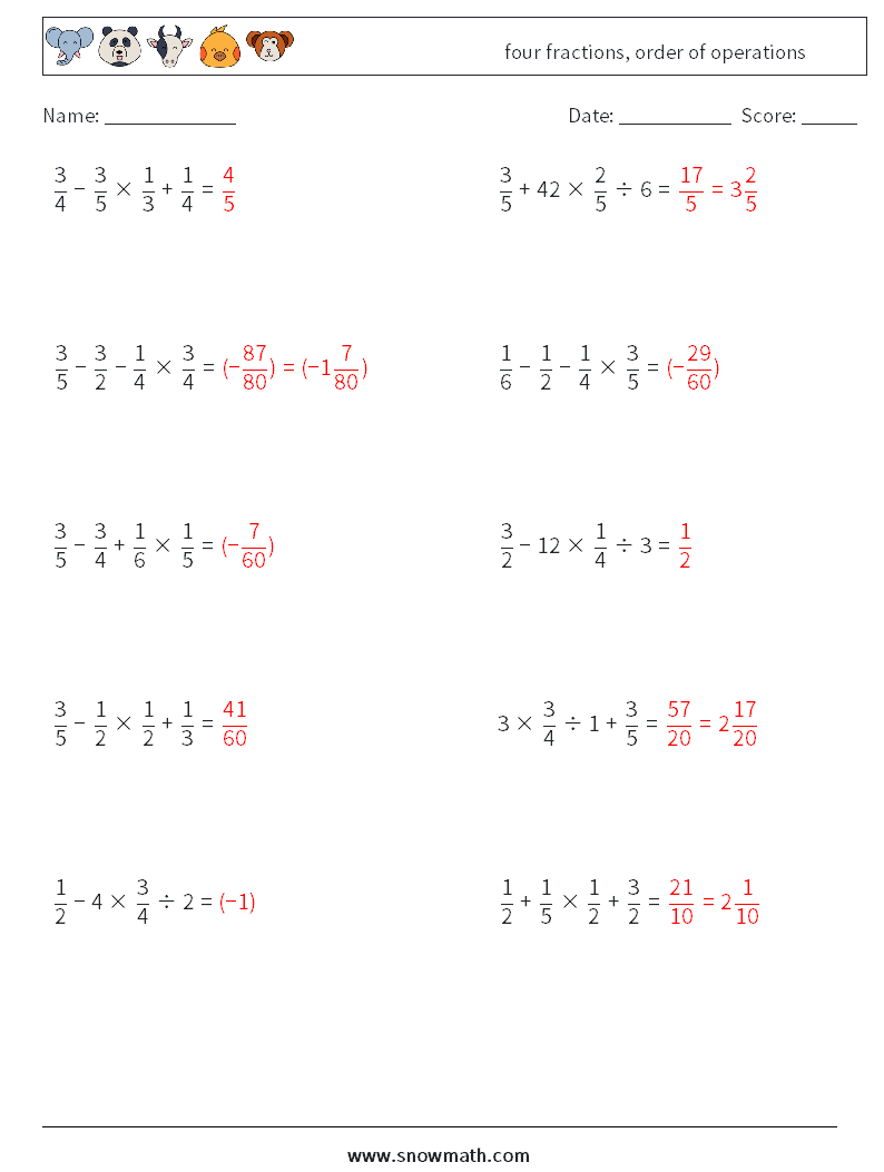 four fractions, order of operations Math Worksheets 6 Question, Answer