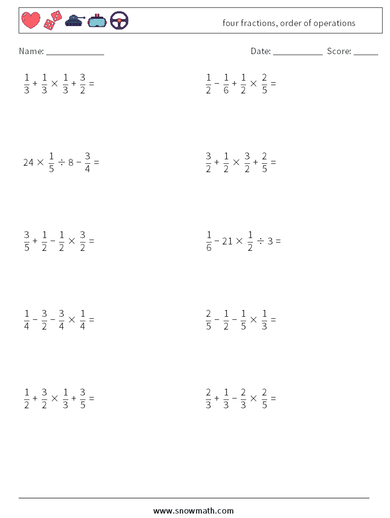 four fractions, order of operations Math Worksheets 7