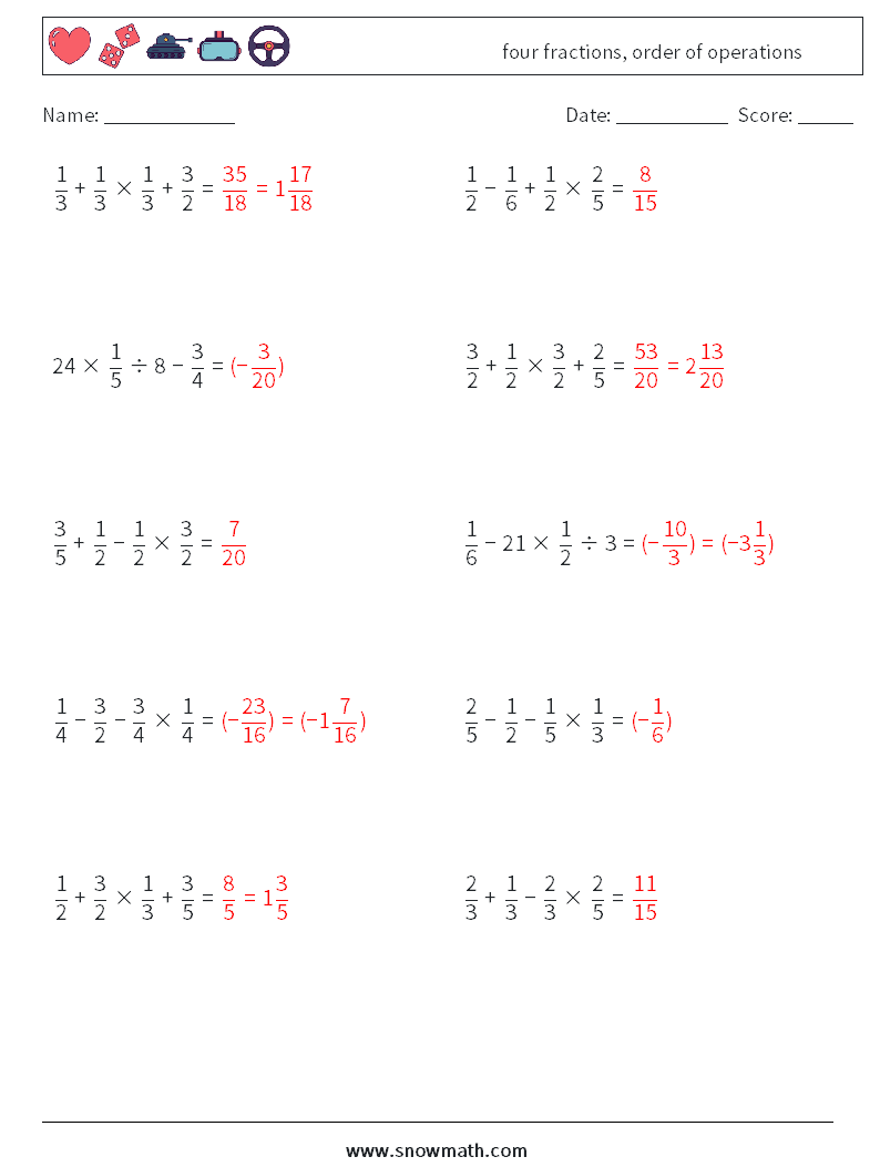 four fractions, order of operations Math Worksheets 7 Question, Answer