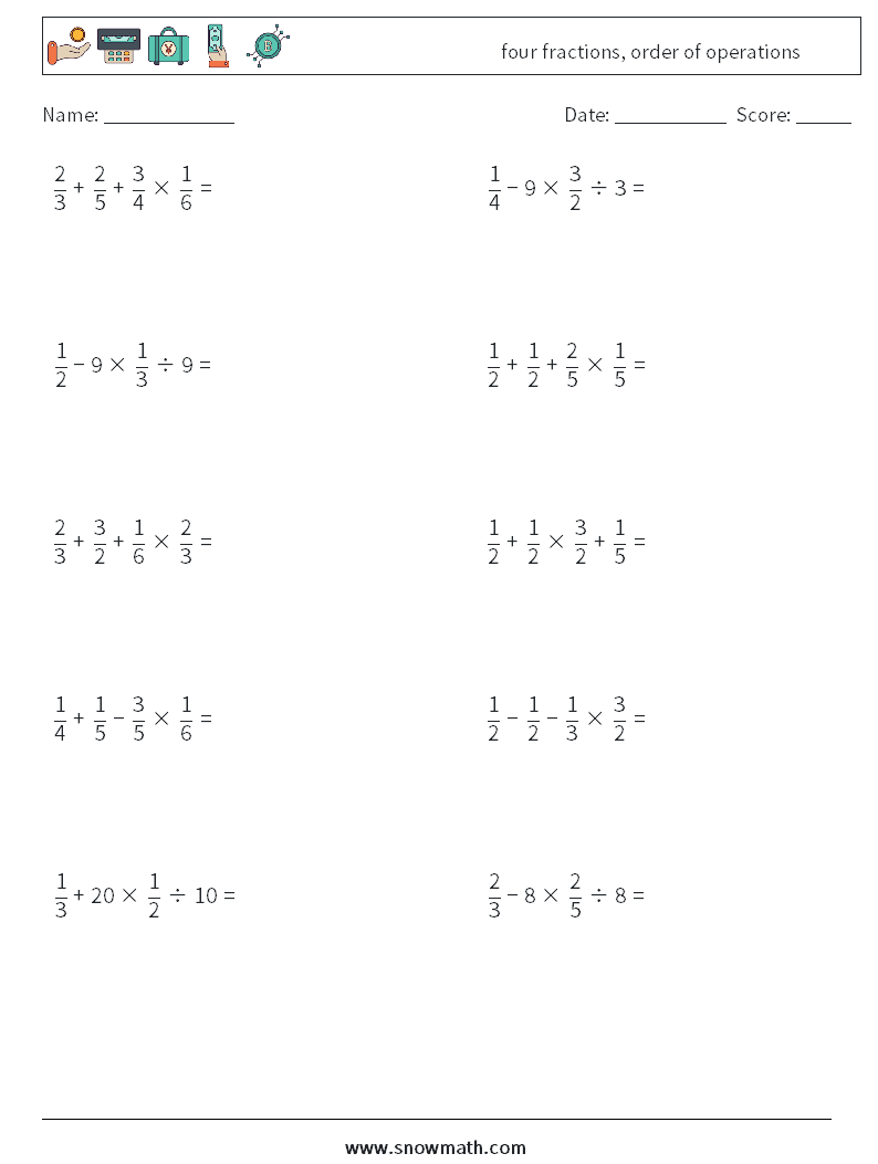 four fractions, order of operations Math Worksheets 8