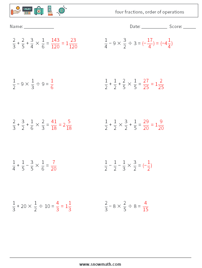 four fractions, order of operations Math Worksheets 8 Question, Answer