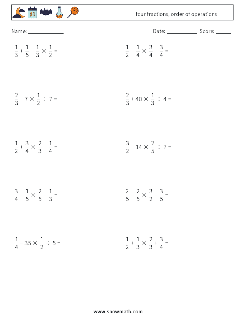 four fractions, order of operations Math Worksheets 9